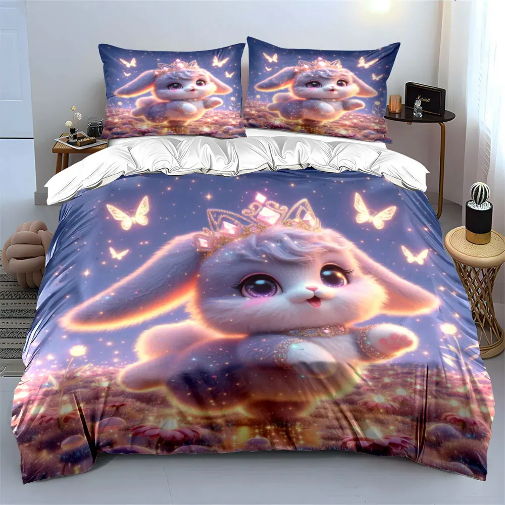 Dreamy bunny and glowing butterflies Duvet Cover Set with 3D Printing Design Soft Polyester Bedding Set All-Season Comfort