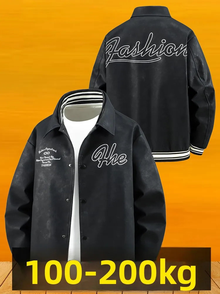 

Мужская куртка из искусственной кожи большого размера с вышивкой, мотоциклетная бейсбольная куртка с отложным воротником, ветрозащитная уличная куртка