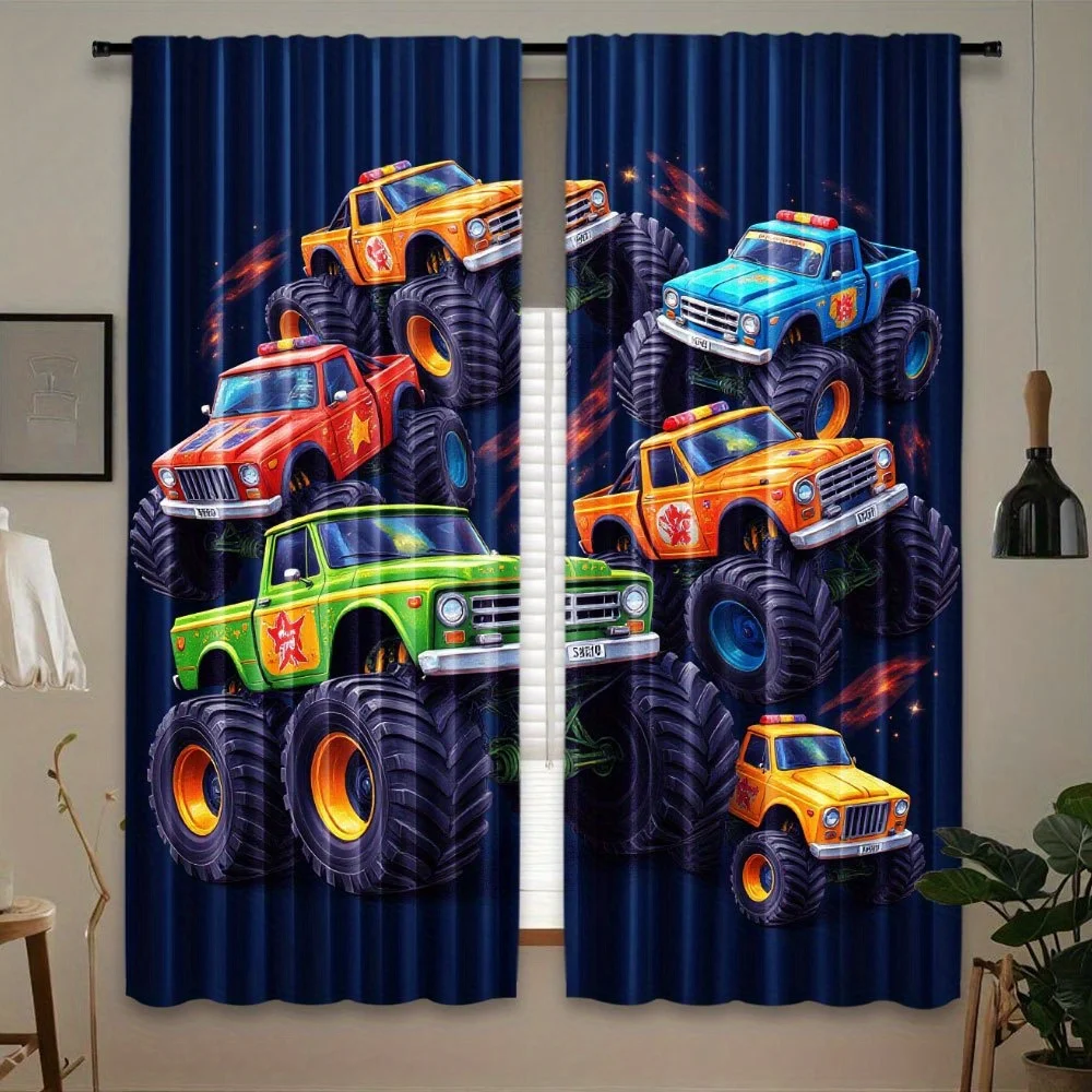 Set of 2, curtains with monster truck graphic print, made of polyester, they allow light to pass through, suitable for bedroom