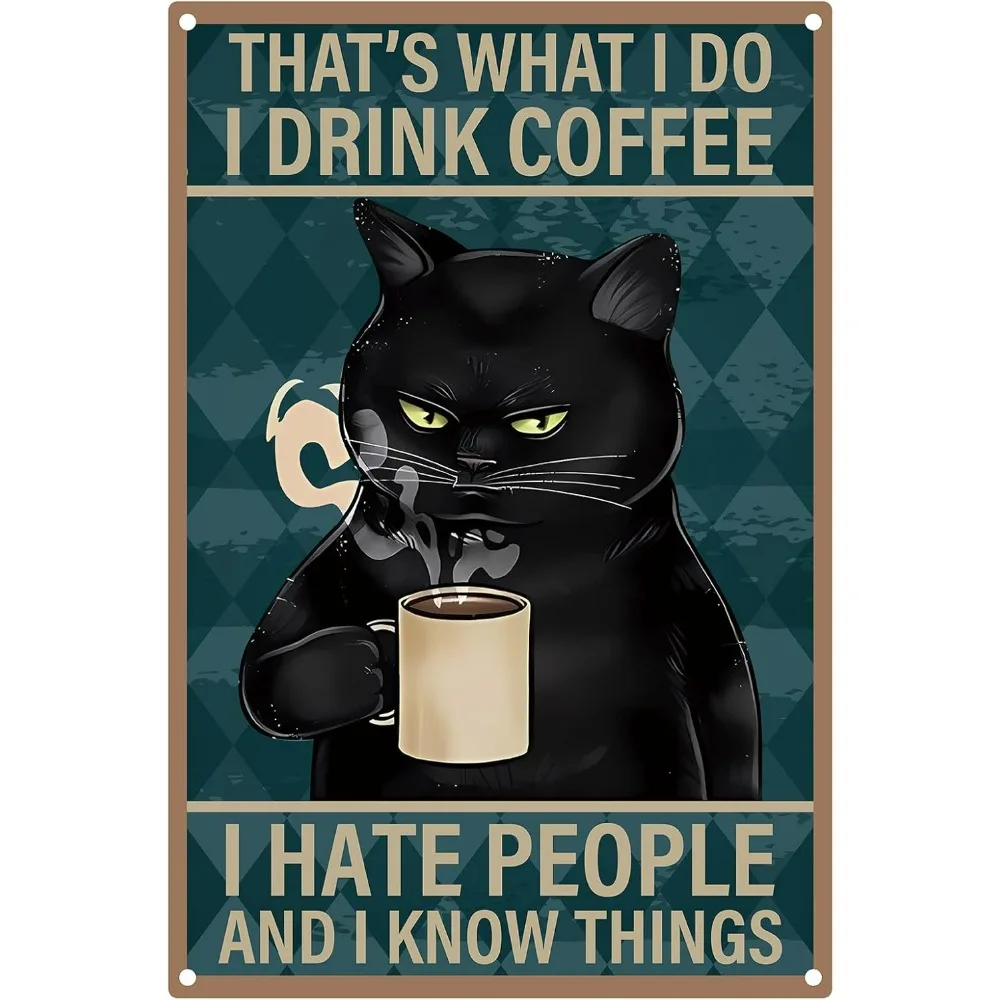 Black Cat Metal Tin Signs Funny Cat Drink Coffee Pattern Wall Art Decor Vintage Plaques Print Poster Sign for Coffee Bar Home