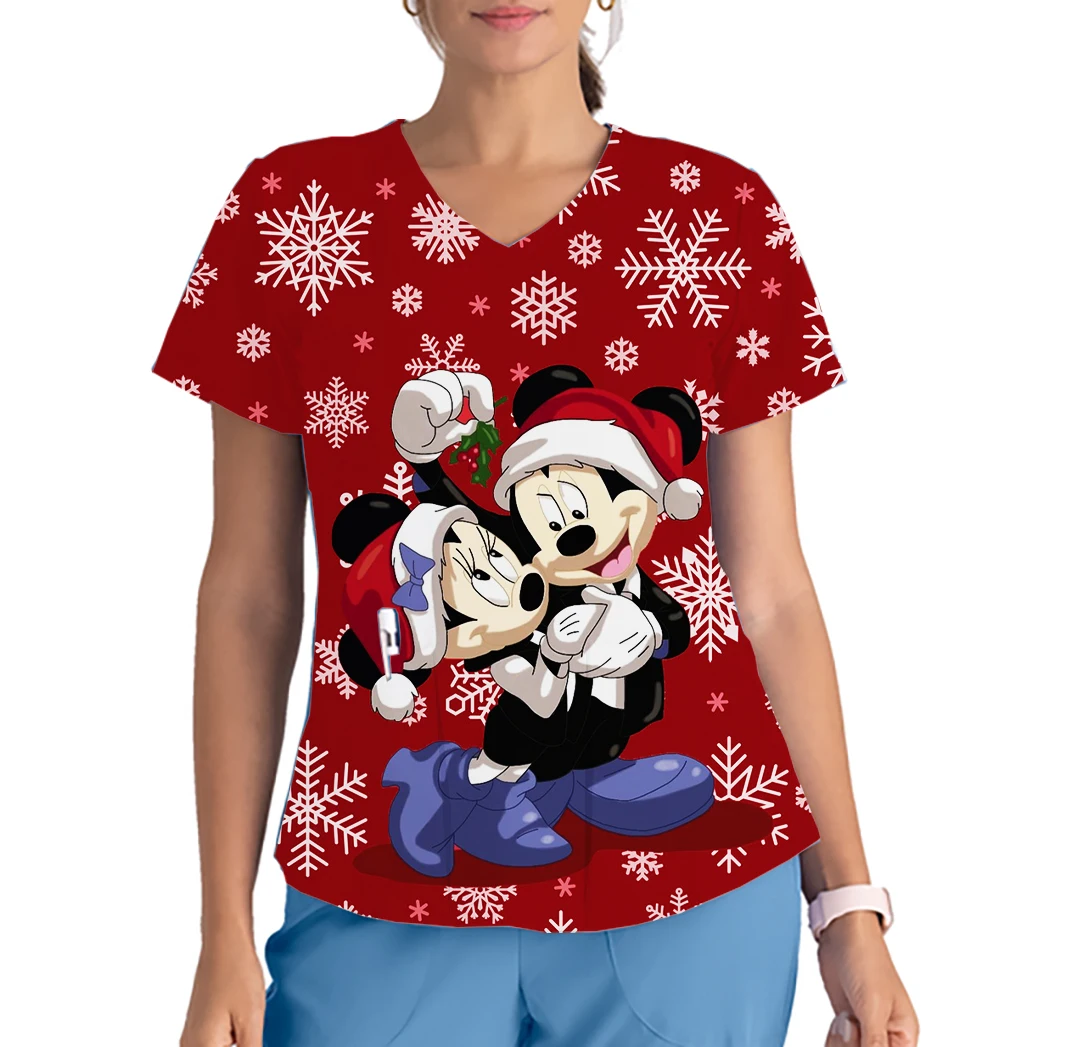 Kawaii Women's Nurse Uniform Christmas Tunic Scrub Top Shirt Mickey Print Clinic Nursing Staff Protective Nursing Uniform Shirt