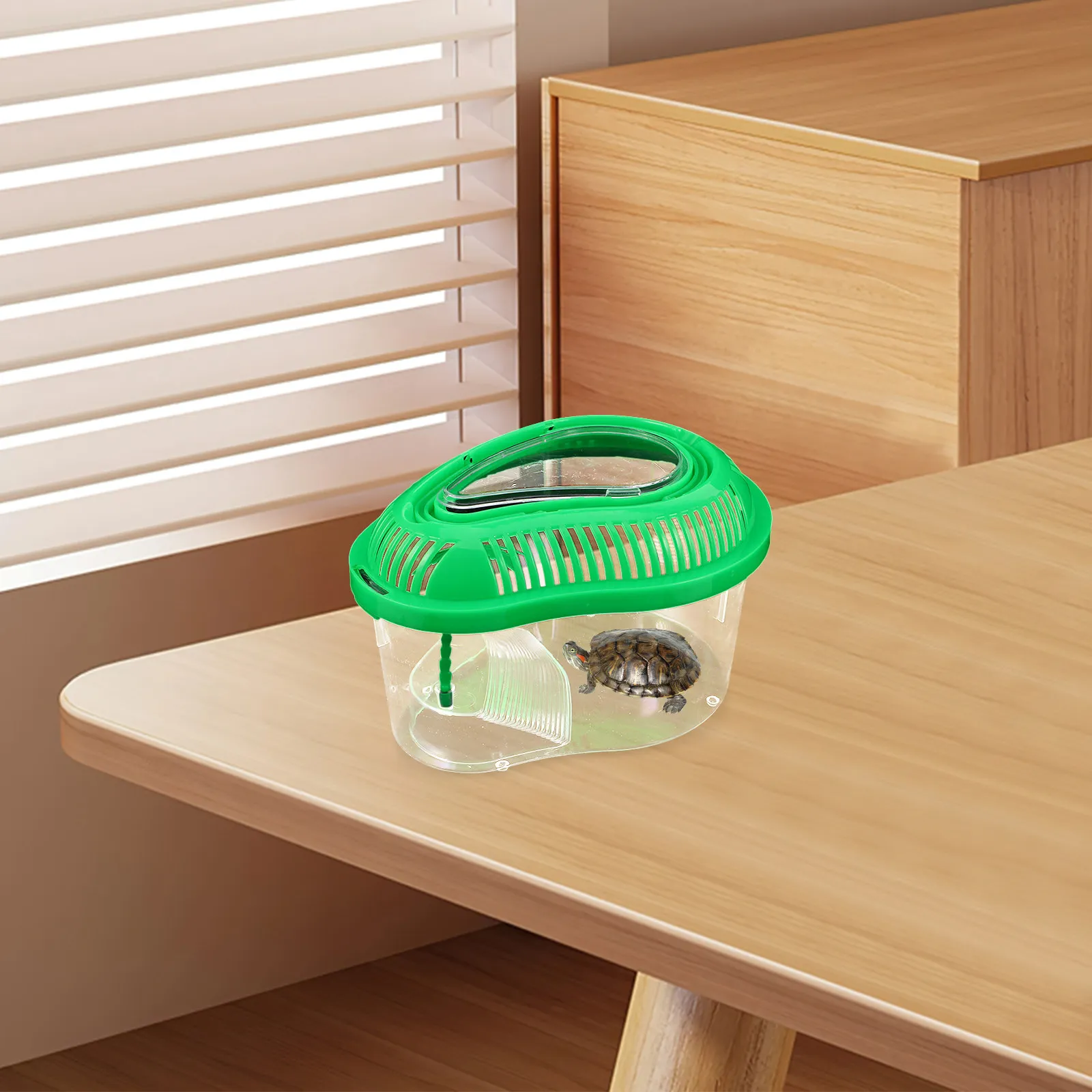 Plastic Reptile Carrier Cage Portable Travel Tank Secure Lid Turtle Breeding Box Basking Platform Small Pet Container