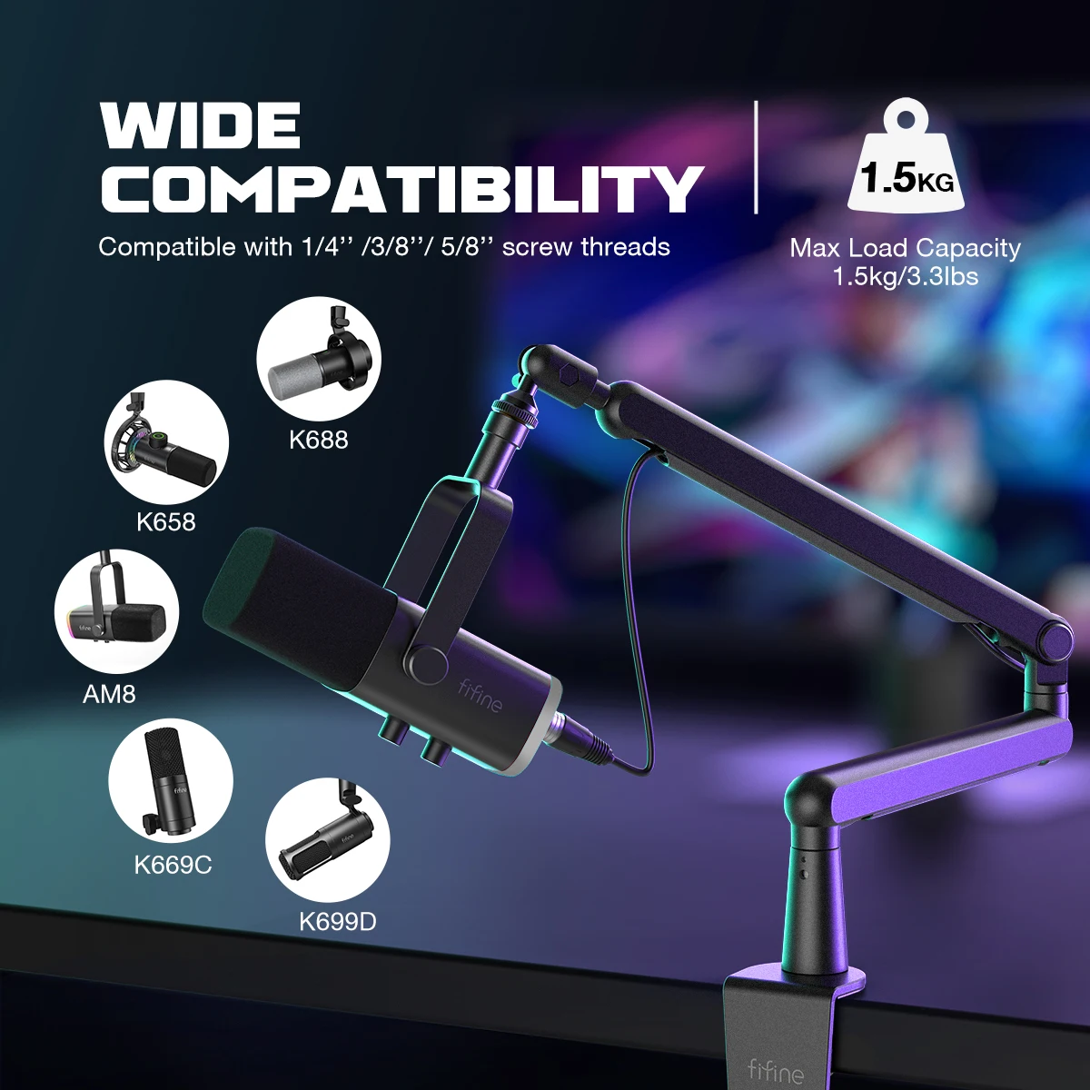 FIFINE Ampligame Microphone Boom Arm, Adjustable Low Profile Mic