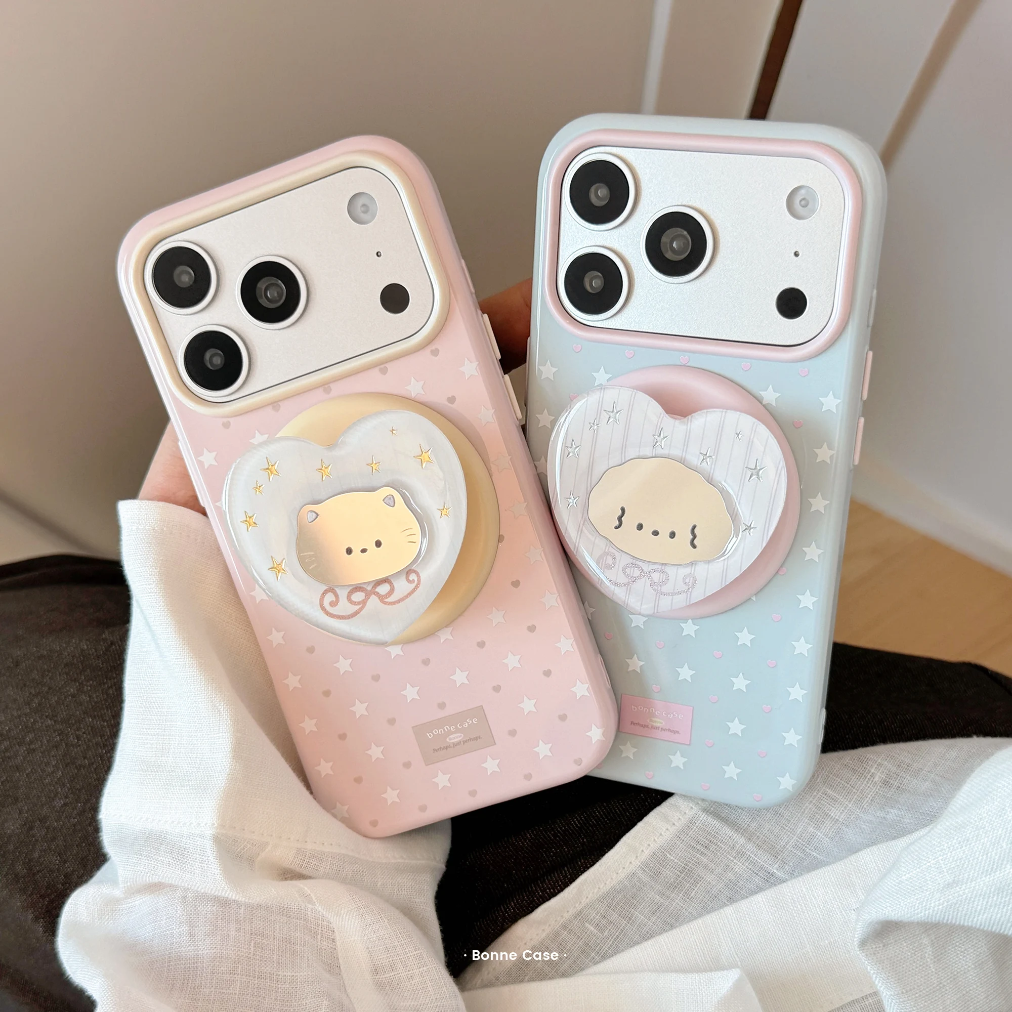 Cartoon Animals Cute Puppy Kitten Stars Love Pattern Pink Blue Glossy Cover Case For iPhone 17 16 15 14 13 Pro Max