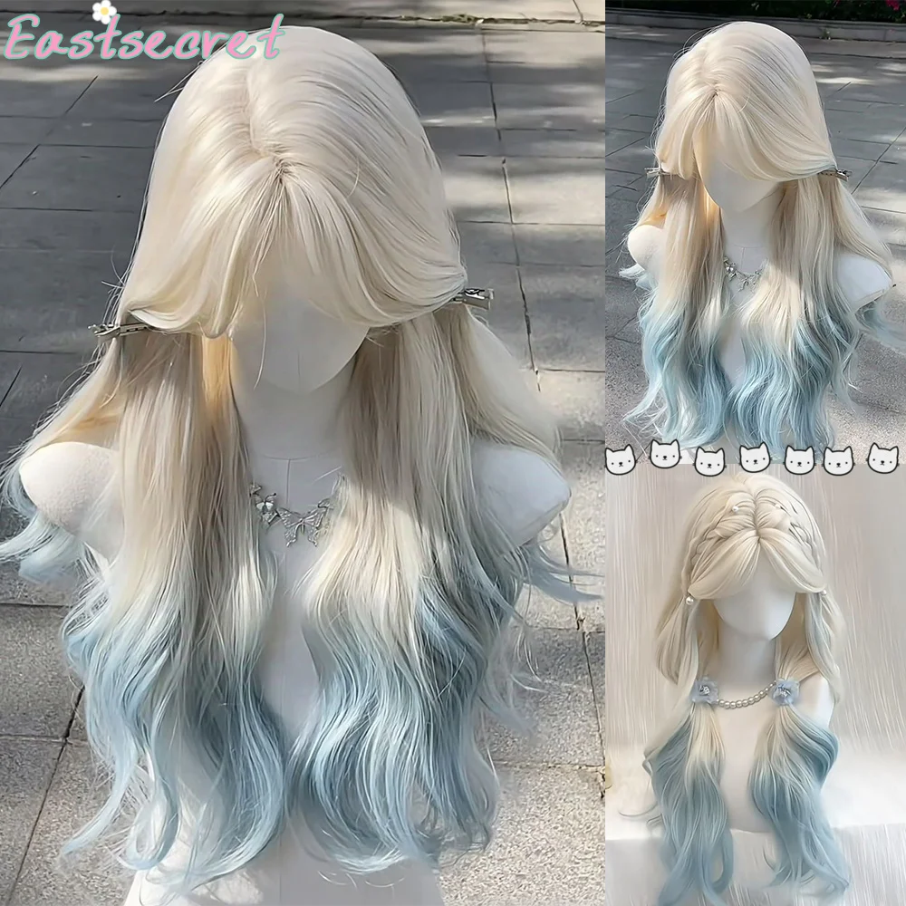 Long Wavy Lolita Wig with Bangs Synthetic Daily Wear Wig Girl Cute Ombre Blue Pink Blonde Cosplay Party Halloween Wig for Women