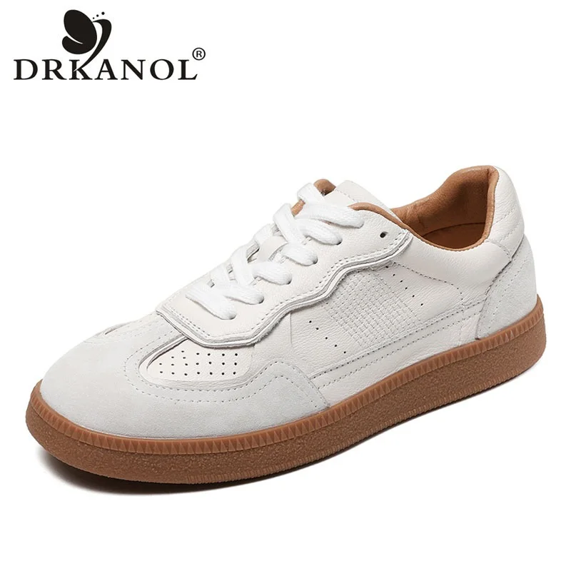 DRKANOL 2024 Concise Casual Sneakers Board Shoes Women Spring Summer Solid Color Genuine Leather Lace-Up Casual Flat Shoes Beige