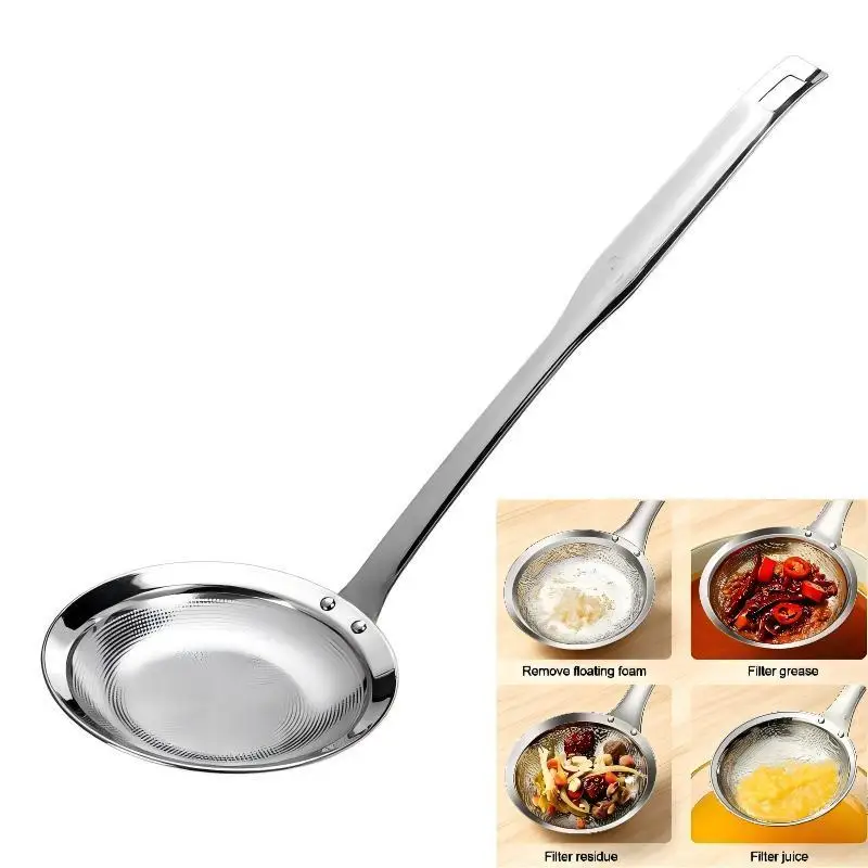 @*Fine Mesh 316 Stainless Steel Grease Remover Spoon Fat Skimmer for Kitchen Oil Dregs Foam Soup Cooking Use
