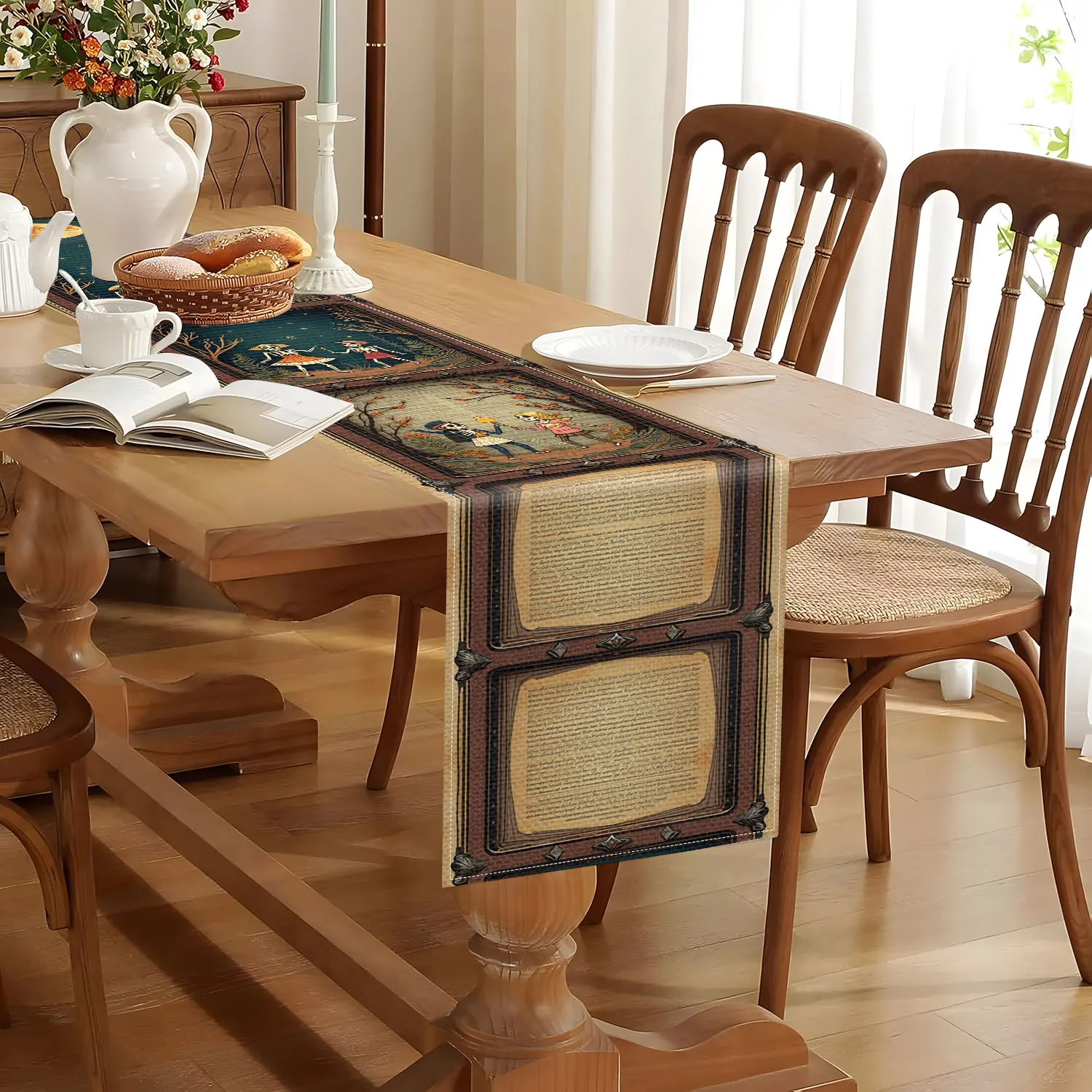 قطعة واحدة من مفرش طاولة قصة الهيكل العظمي الخيالي، يتميز بحدود عتيقة مع غابة قمرية، وهيكل عظمي، ورسوم توضيحية تفاعلية مع نص غامض، ومناسبة لحفلات الهالوين، والمطاعم ذات الطابع الخيالي، والمقاهي الفنية، والديكور الثقافيين الإبداعي، والديكور المنزلي، والمناظر الطبيعيات المظلمة #4