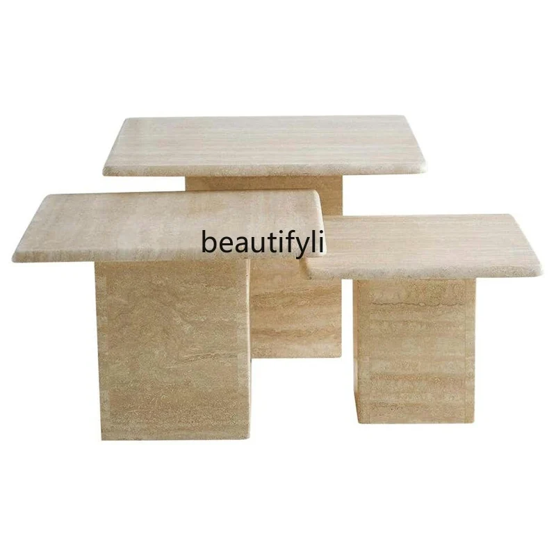 

Simple modern pure natural marble travertine combination coffee table professional custom model room coffee table