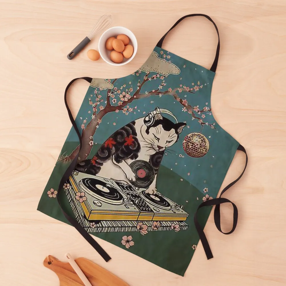 

Japanese Style dj Cat playing vinyl music Apron Kitchen Man Chef Uniform Woman painting For Men Apron