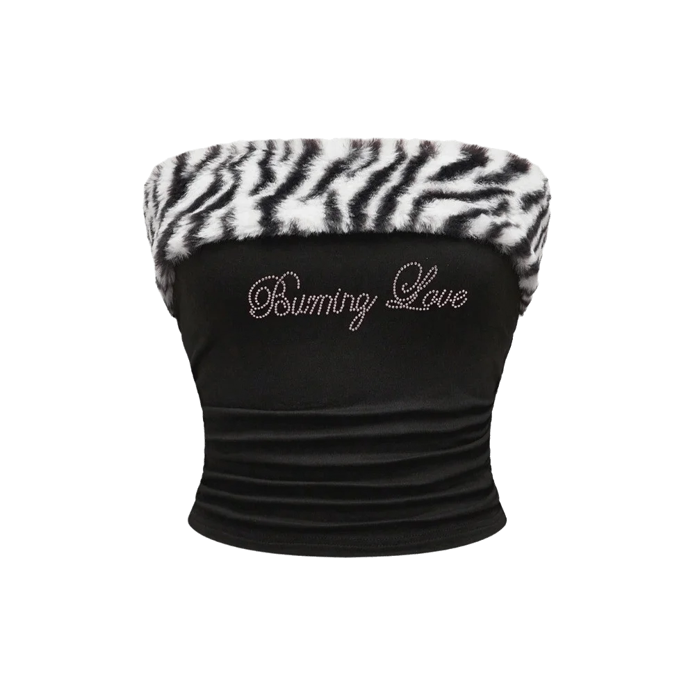 Fashionable Slim Fit Strapless Vest Leopard Print Crystal Letter Crop Top Ruched Waist Patchwork Sleeveless Top Casual Wear