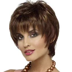 Short Pixie Cut Omber Brown Synthetic Hair Wigs Natural Straight Wig for Women With Bangs Daily Use Heat Resistant Fiber Wig