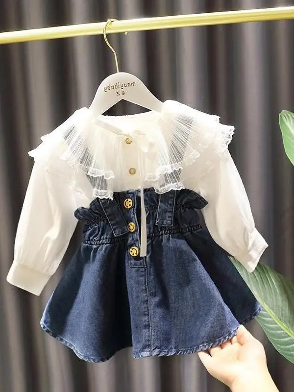 

Girls Denim Overalls Shirt Two-Piece Set Long Sleeve Spring Autumn 2026 Style 15 Years Old Baby Casual Fashion Ensemble