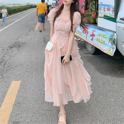 Casual Sweet Fairy Evening Midi Dresses for Women Lace Beading Chiffon Bodycon Elegant Party French Beach Dresses Summer 2024