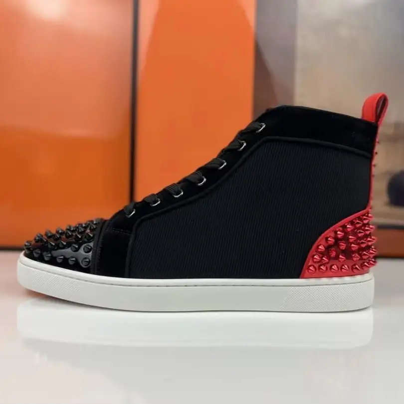Luxury High Top Black Leather Shoes Spiked Toe Heels Studded Footwear Lace Up Red Bottom Shoes For Men Wedding Casual Shoes