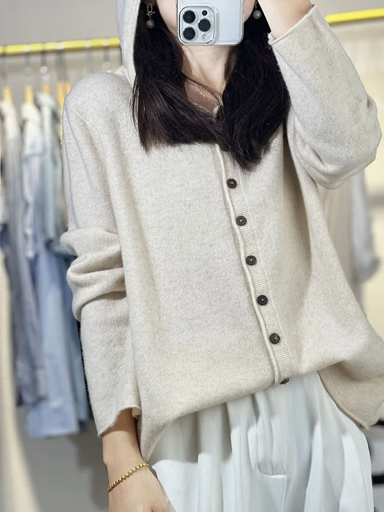 2024 Spring and Autumn New 100% Pure Wool Cardigan Women\'s New V-neck Pure Wool Hooded Loose and Slimming Fashion Knitted Cardig