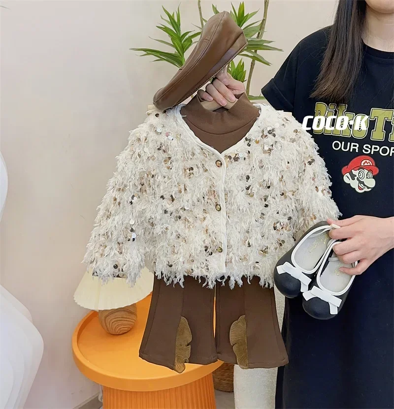 Abbigliamento per bambini Cappotto per ragazze Top a maniche lunghe con paillettes 2023 Primavera e autunno Nuovo cappotto dolce casual alla moda