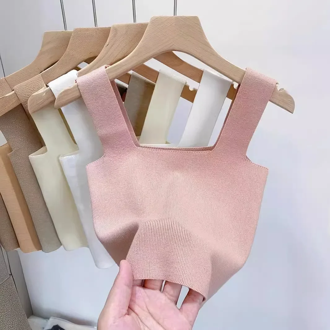 

Nice Women's Clothing Square Neck Knitted Tanks Tops Small Camisole Vest Women Summer Inner Bottom Sleeveless Short Top Camis Te