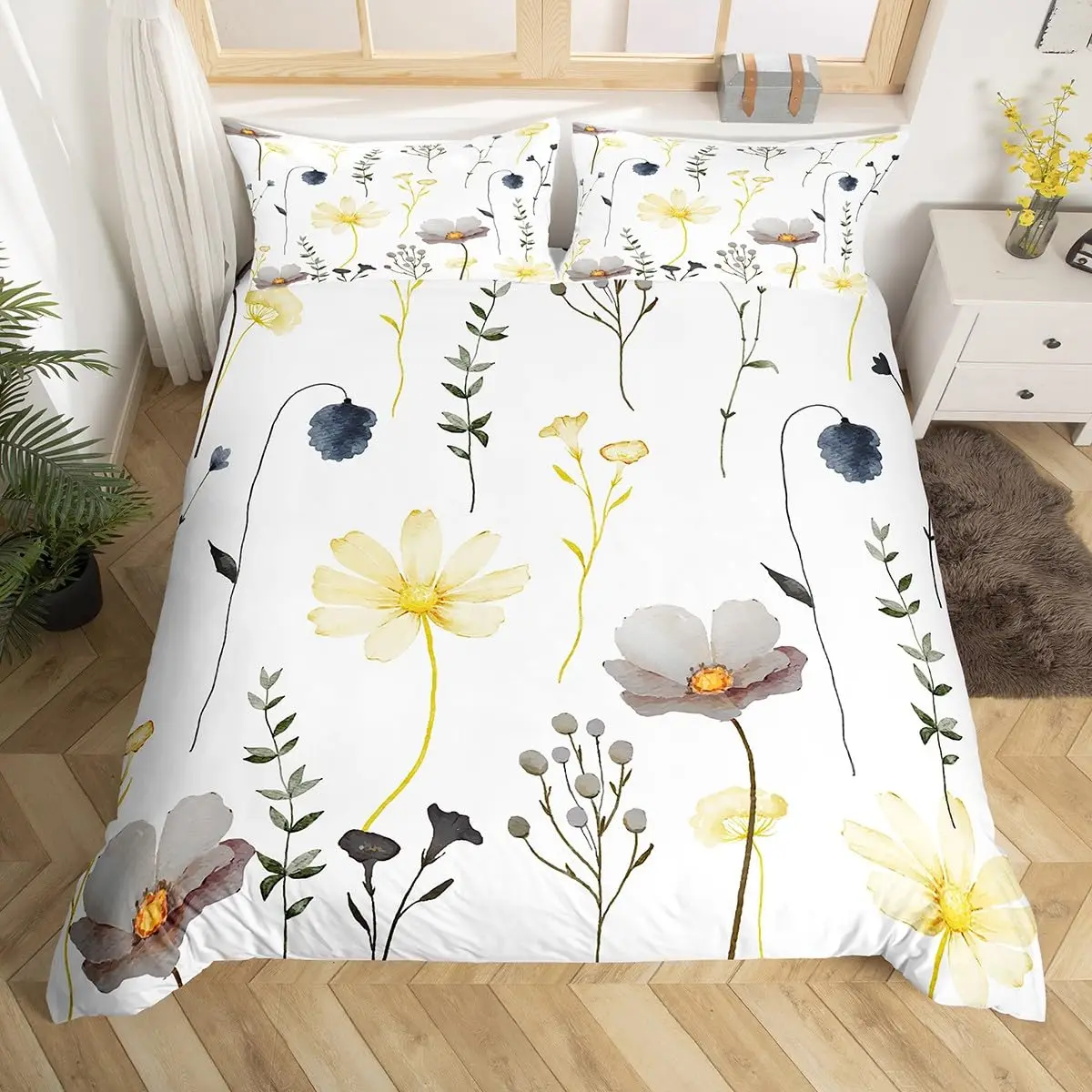 Yellow Grey Flower Comforter Cover King Watercolor Floral Duvet Cover Modern White Bedding Set Pastoral Branches Quilt Cover