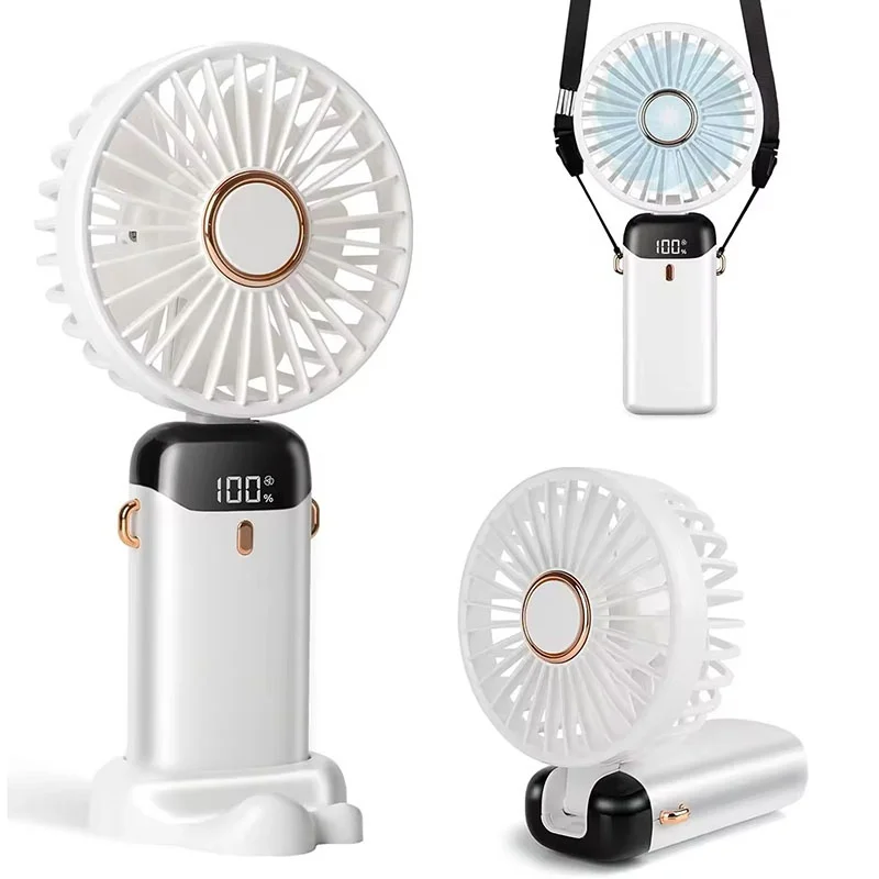 Electric Handheld Mini Fan Foldable Portable Neck Hanging Fans 5 Speed USB Rechargeable Fan with Phone Stand LED Display Screen