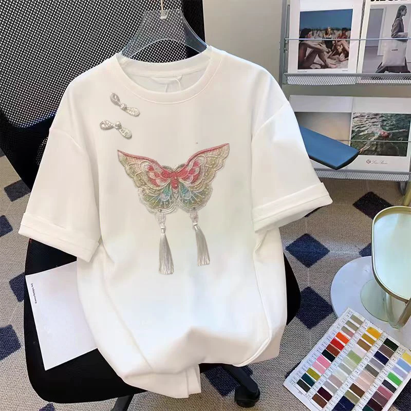 DAYIFUN-Chinese Style Women's T-shirts Butterfly Embroidery Design Loose Short Sleeve Tees Button Up Tops Summer New 2024