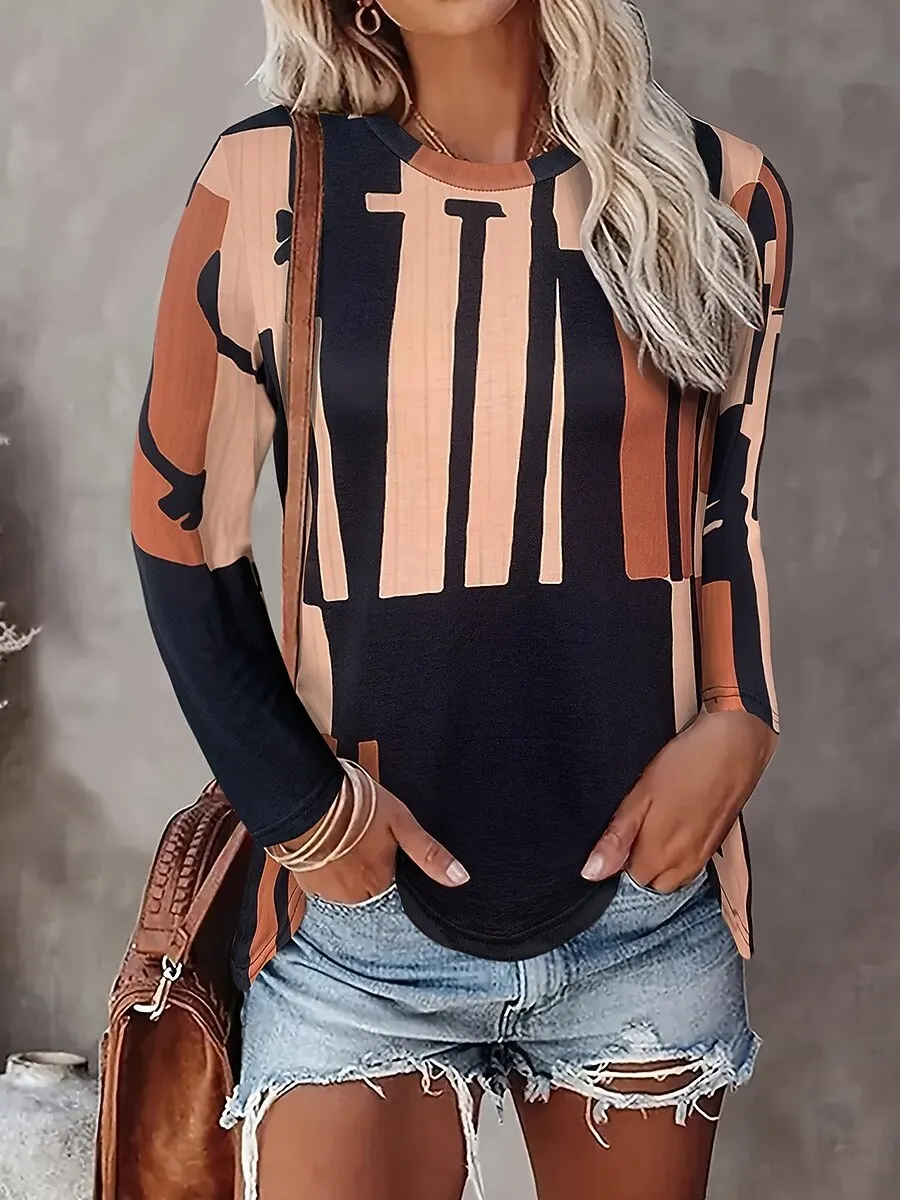

Женские футболки, повседневные топы с длинными рукавами, футболки с геометрическим рисунком, рубашки, блузка с круглым вырезом, осенне-зимняя уличная одежда, пуловер