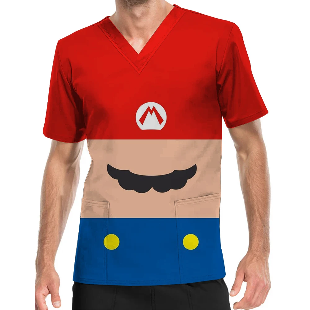 Zomer Nieuwe Cartoon Anime Super Mario Mannen En Vrouwen Werk Uniform V-hals Print Scrub Top Ziekenhuis Verpleegkundige Tandheelkundige t-shirt