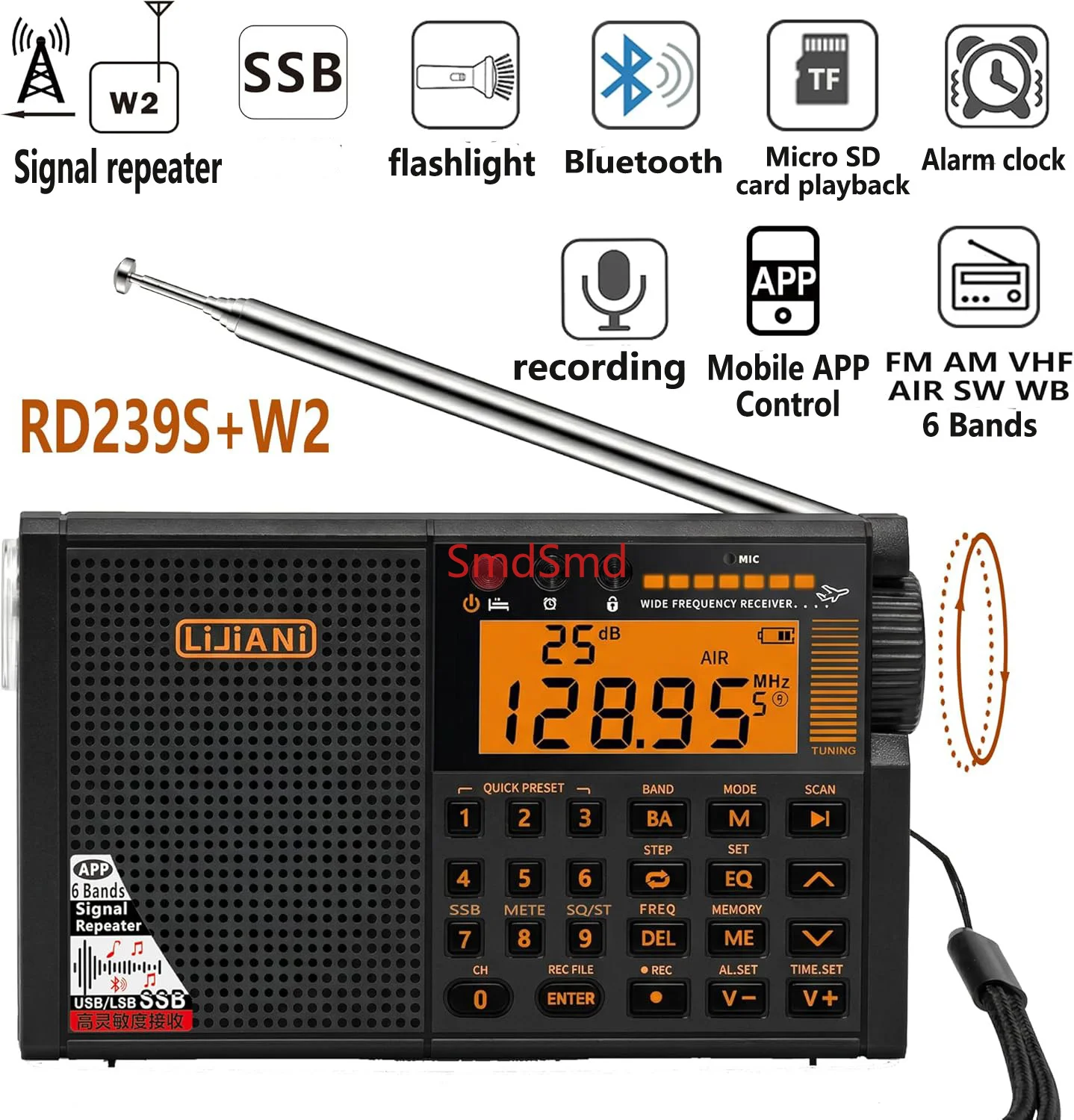 RD-239S+W2 Radio and Signal Repeater, FM SW MW VHF AIR WB All World Band Radio with SSB Bluetooth/TF Card Player, APP Control