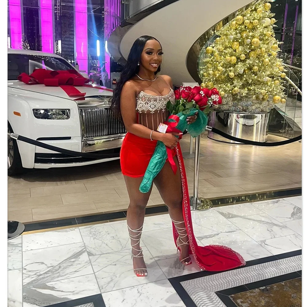 Sexy Velvet Strapless Short Prom Dresses for Black Girls Crystal Beaded Birthday Party Dress Illusion Mini Cocktail Homecoming