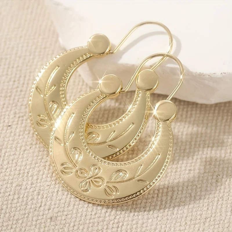 Retro Trendy Geometric Flower Pattern Hanging Earrings, Women's Personalized Creative Holiday Accessories Jewelry