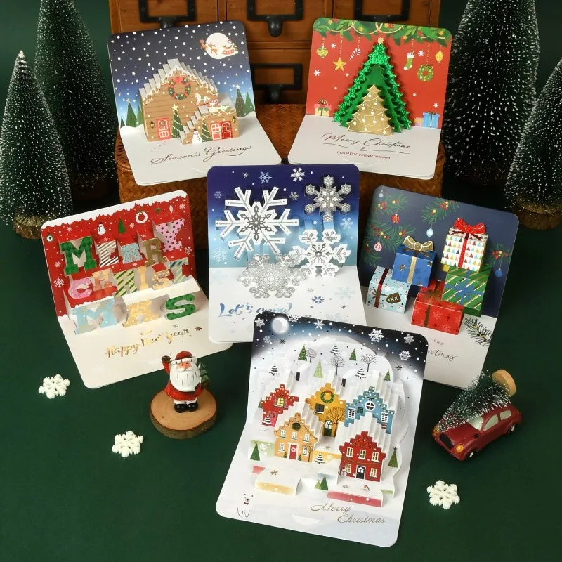 3D Pop Up Christmas Greeting Cards with Envelopes Handmade Foldable Xmas Postcard Festival Invitation Card Give  Family Friends