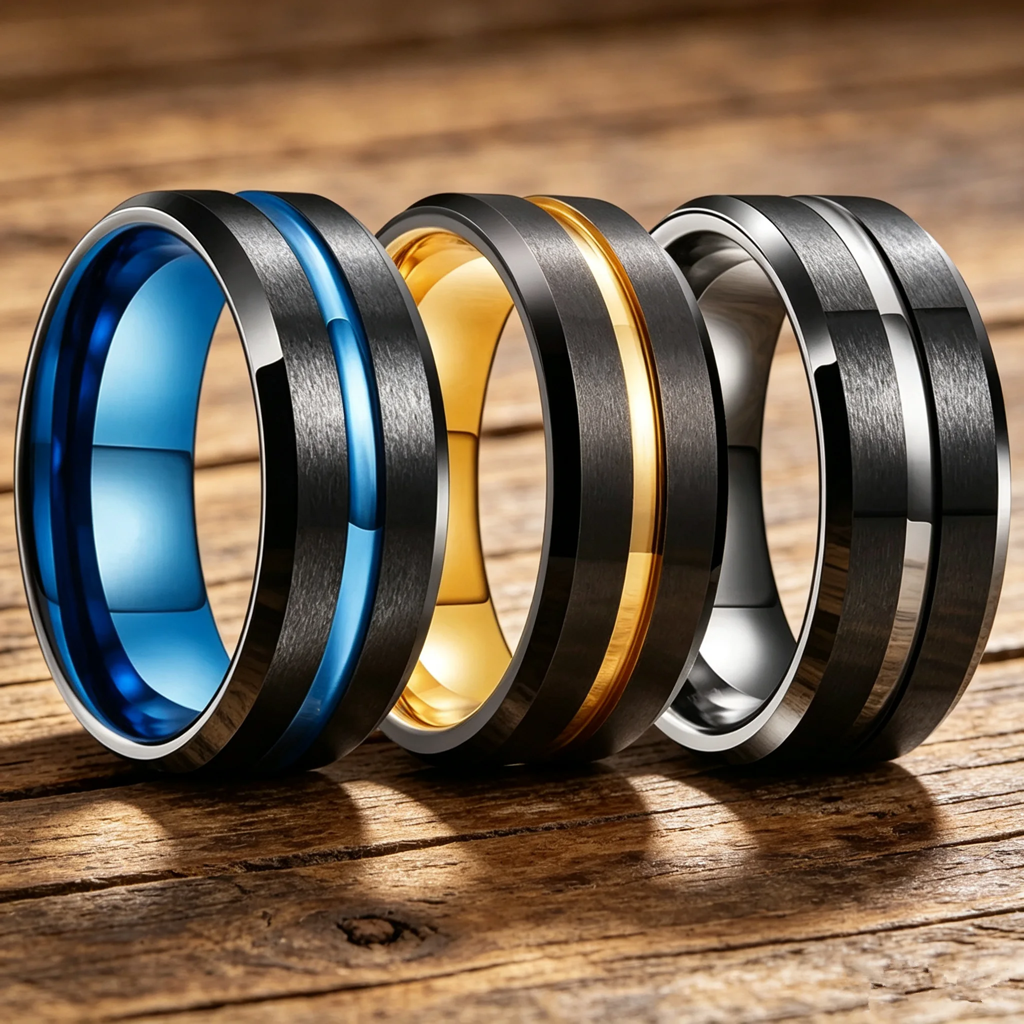 Trendy Men's 8mm Black Tungsten Wedding Band Rings Black Blue Gold Groove Beveled Edge Stainless Steel Engagement Rings For Men