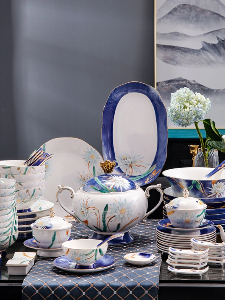 New Chinese Bone China Bowl Dish & Plate High-End Household Hotel Table Decoration Ceramic Tableware Set Combination