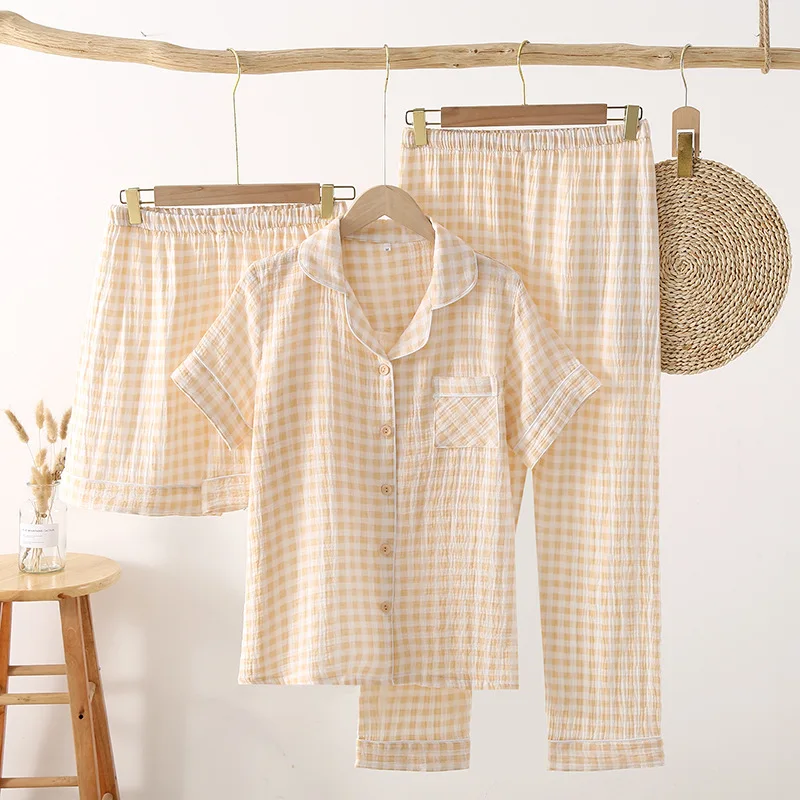 Women Summer Three Piece Pajamas Set Japanese Plaid Pure Cotton Double Layer Yarn Home Clothes New Ladies Sleepwear Suit