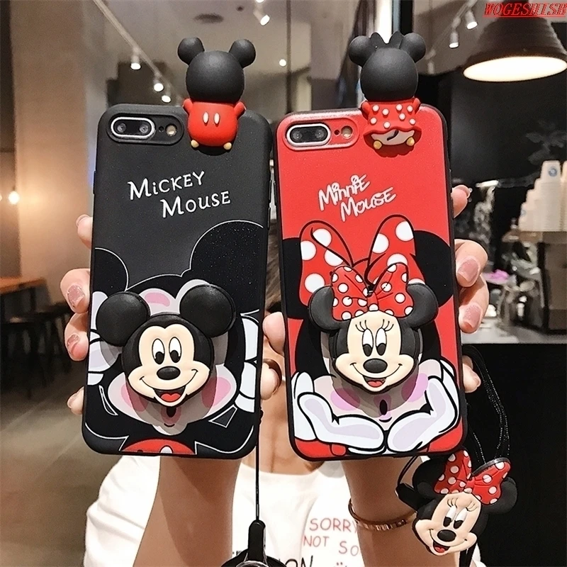 3D Minnie Mickey Phone Case With Holder Rope For Samsung Galaxy S24 Ultra S23 S22 S21 FE S20 S10 lite S9 Plus S8 Lanyard Cover