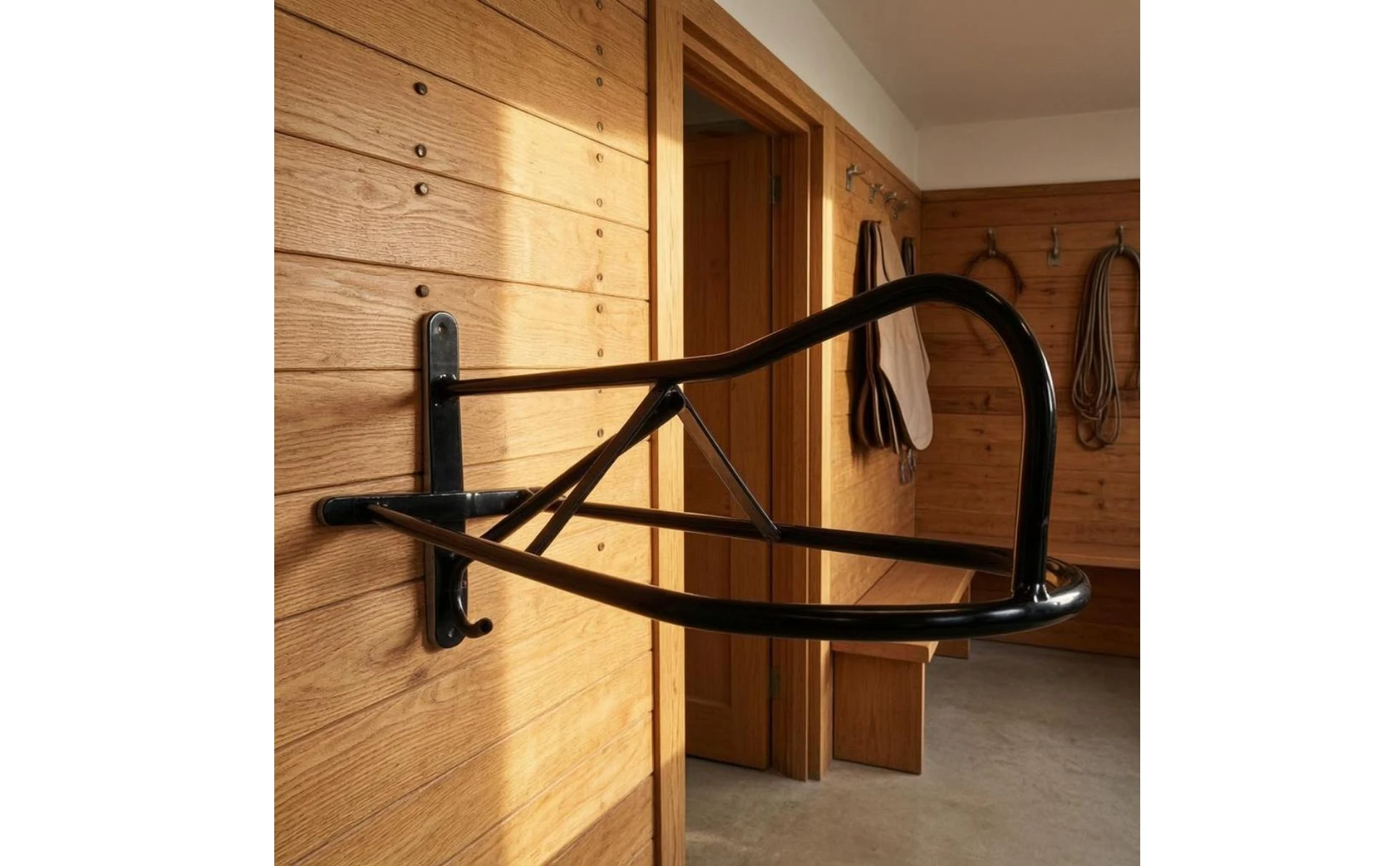 Wall-Mounted Saddle Rack Curved Support Black Metal Saddle Rack Space Saving Organizes Tack Room Wall-Mounted Saddle Rack Curved Support Black Metal Saddle Rack Space Saving Organizes Tack Room