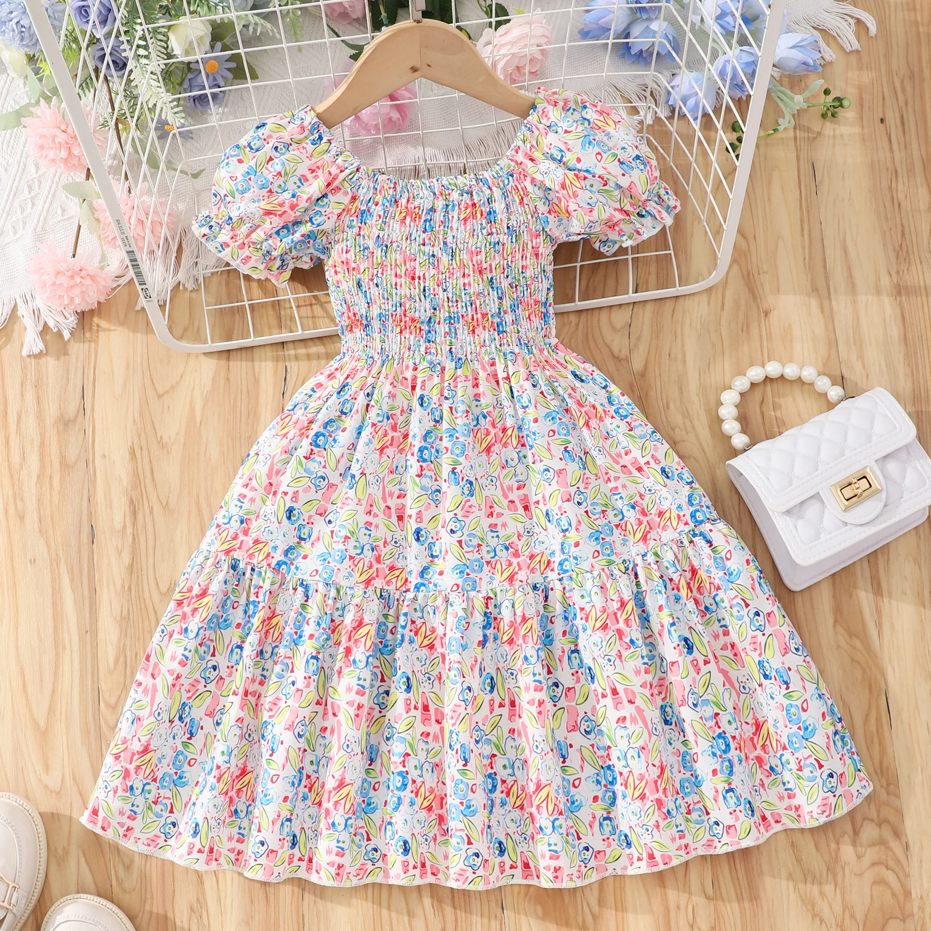 

Girls Dresses Fresh Rustic Full Print Short Sleeve Dresses