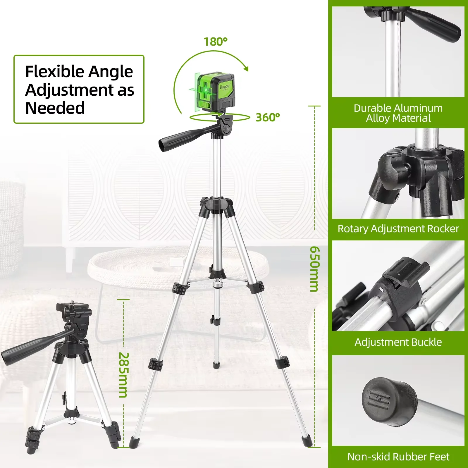 Huepar 2 Lines Green Beam Laser Level 9011G with 65cm Tripod Self-Leveling Horizontal & Vertical Cross Line Laser for Home DIY