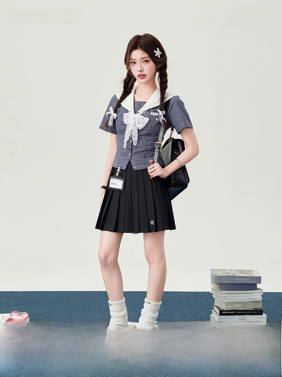 

Slim Fit Shirt And Shorts Set for Women Summer Season Plaid Pattern Short Sleeve Fashionable School Style Japanese Style Top