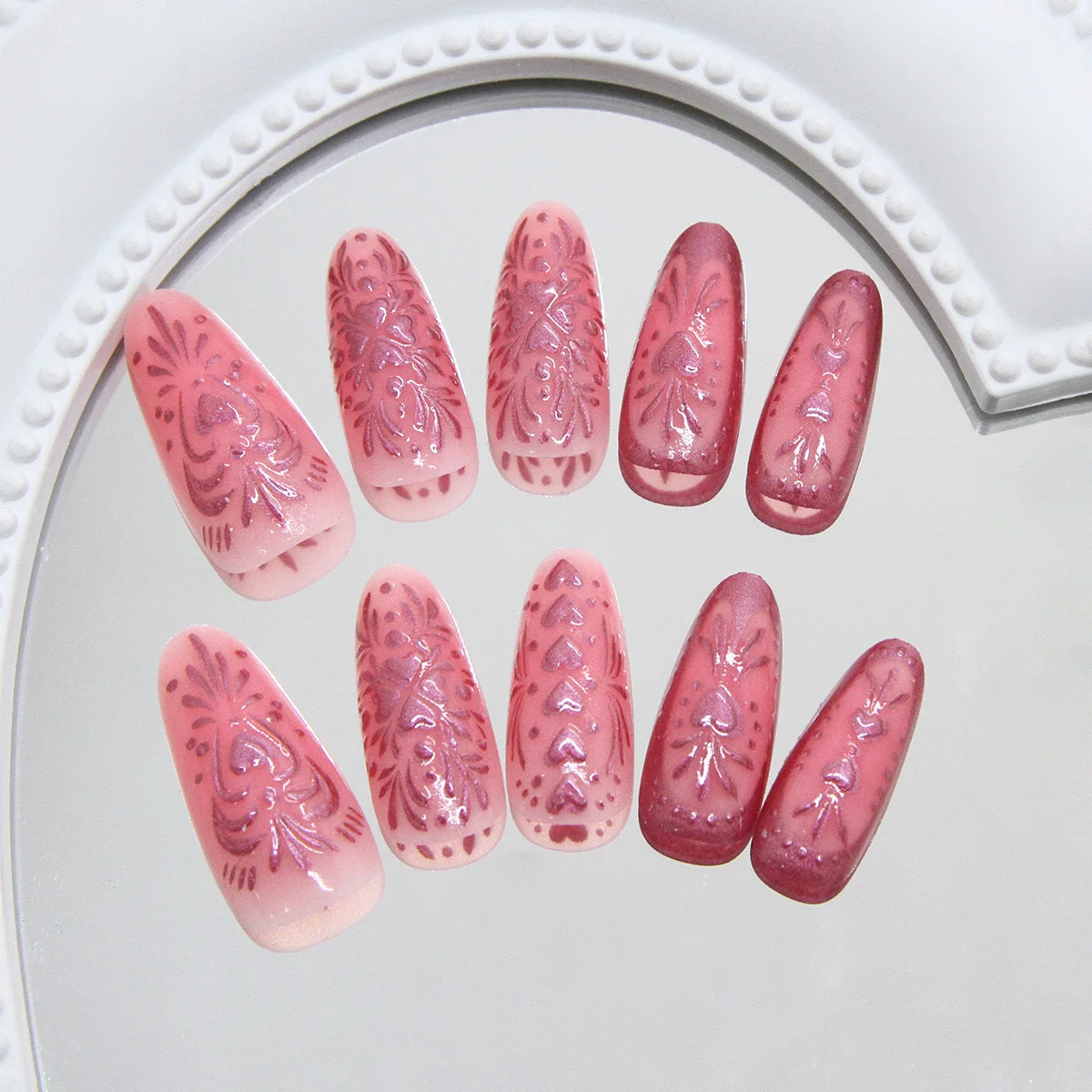 

30Pcs Long Almond Press on Nails - Blush Ombre with 3D Hearts & Red Polka Dot Border | Romantic Pop Art Style for Women & Girls