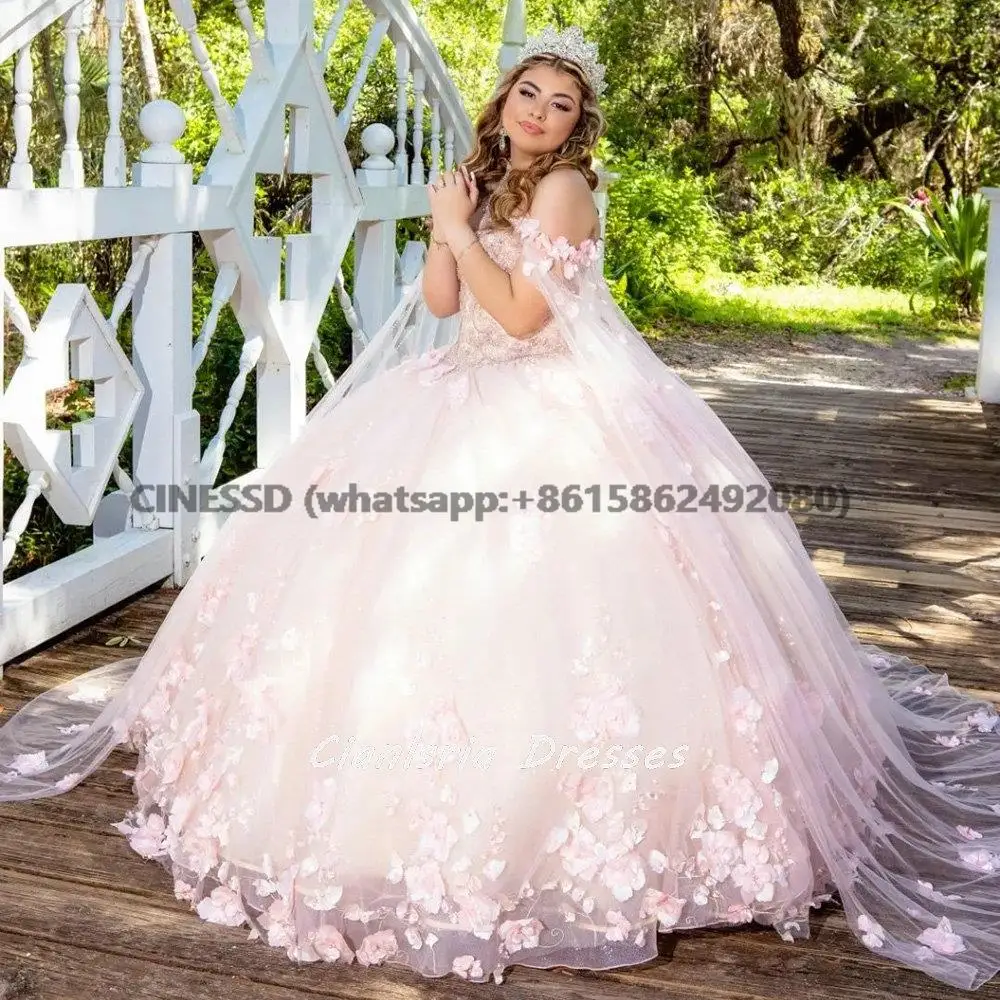 

Pink 3D Flowers Quinceanera Dress With Cape Ball Gown Off The Shoulder Appliques Lace Crystal Beading Corset Sweet 15 Party