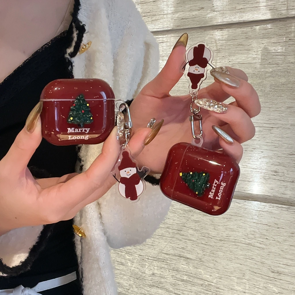 Árvore de natal estereoscópica fundo vermelho respingo-tinta boneco de neve pingente capa para airpods 1 ou 2 3 4 airpods pro pro 2