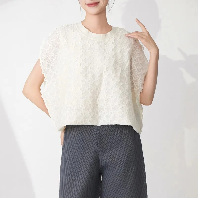 

ALSEY Miyake Women's Round Neck Bat Sleeve Loose Solid Colour T Shirt 2025 Summer New Wave Fashion Casual Hundred Folding Top
