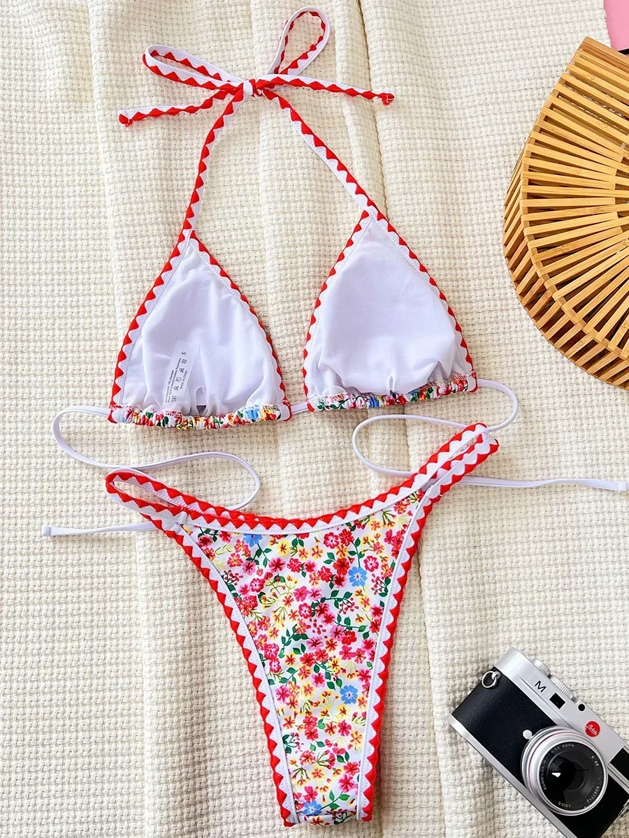 Bikini Triangular con Estampado Floral Sexy para Mujer, Traje de Baño Femenino de Dos Piezas, Conjunto de Bikini Brasileño
