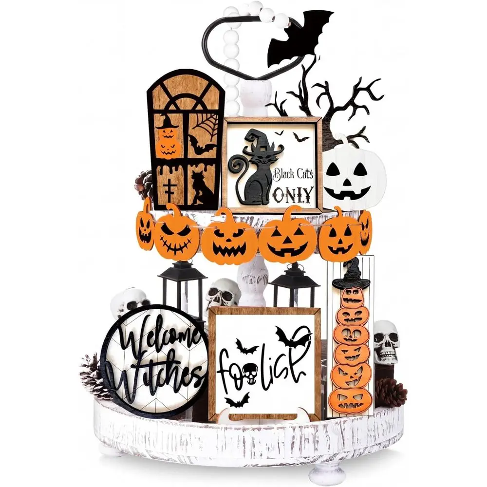 Halloween Pumpkin Tiered Tray Decor Jack O Lantern Black Cat Tree Wooden Signs Bat Bead Garland Rustic Gothic Halloween Decorati