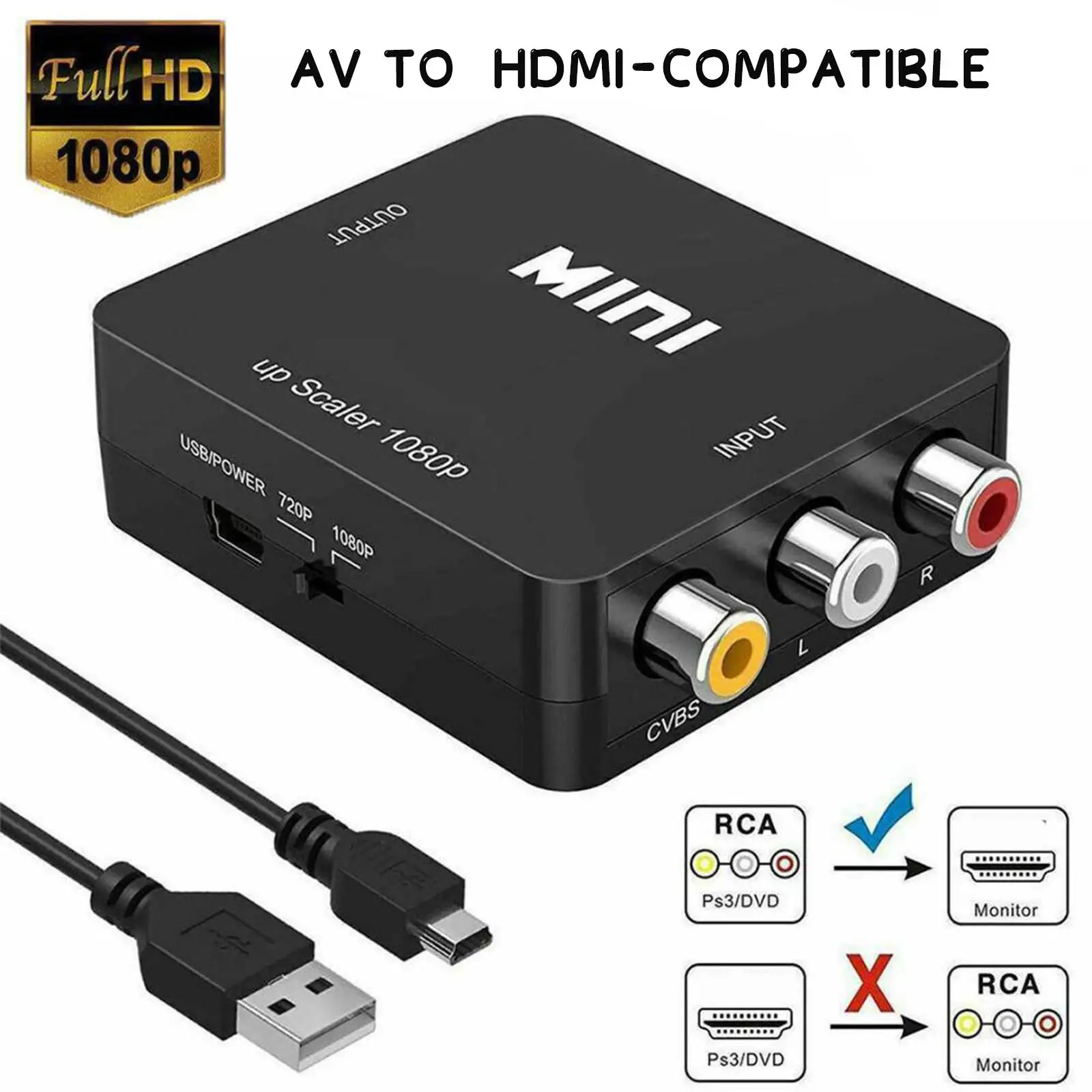 HD 1080P AV to HDMI RCA To HDMI Composite Adapter Converter With USB Cable CVBS AV Adapter For TV PC Projector