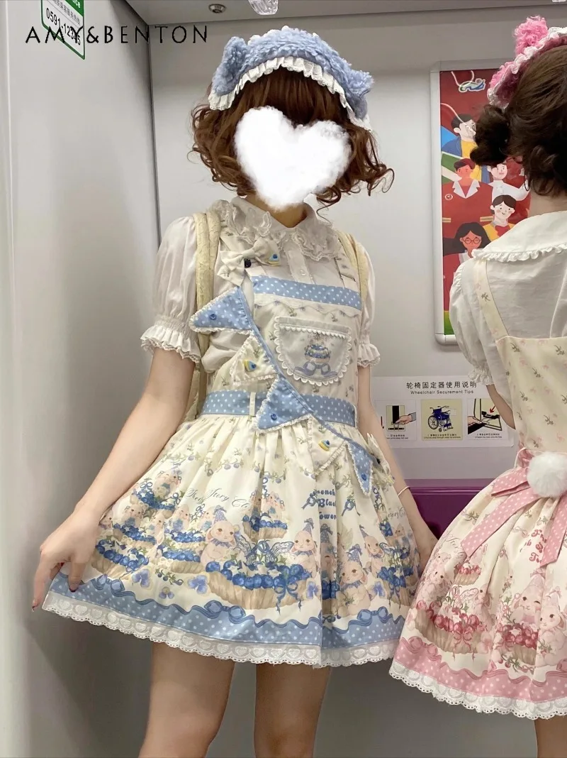 

Sweetheart Girl Lolita Dress Birthday Party Evening Dresses Cute Cartoon Print JSK High Waist Slim Mini Puff Dress for Women