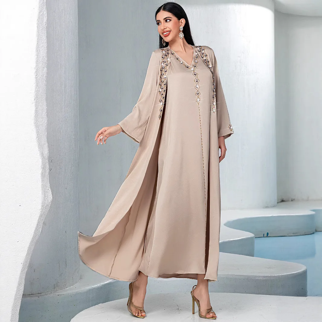 Women 2 Piece Abaya Set Open Cardigan Inner Maxi Dress Rhinestone V Neck Muslim Kaftan Modest Evening Party Islamic Clothing