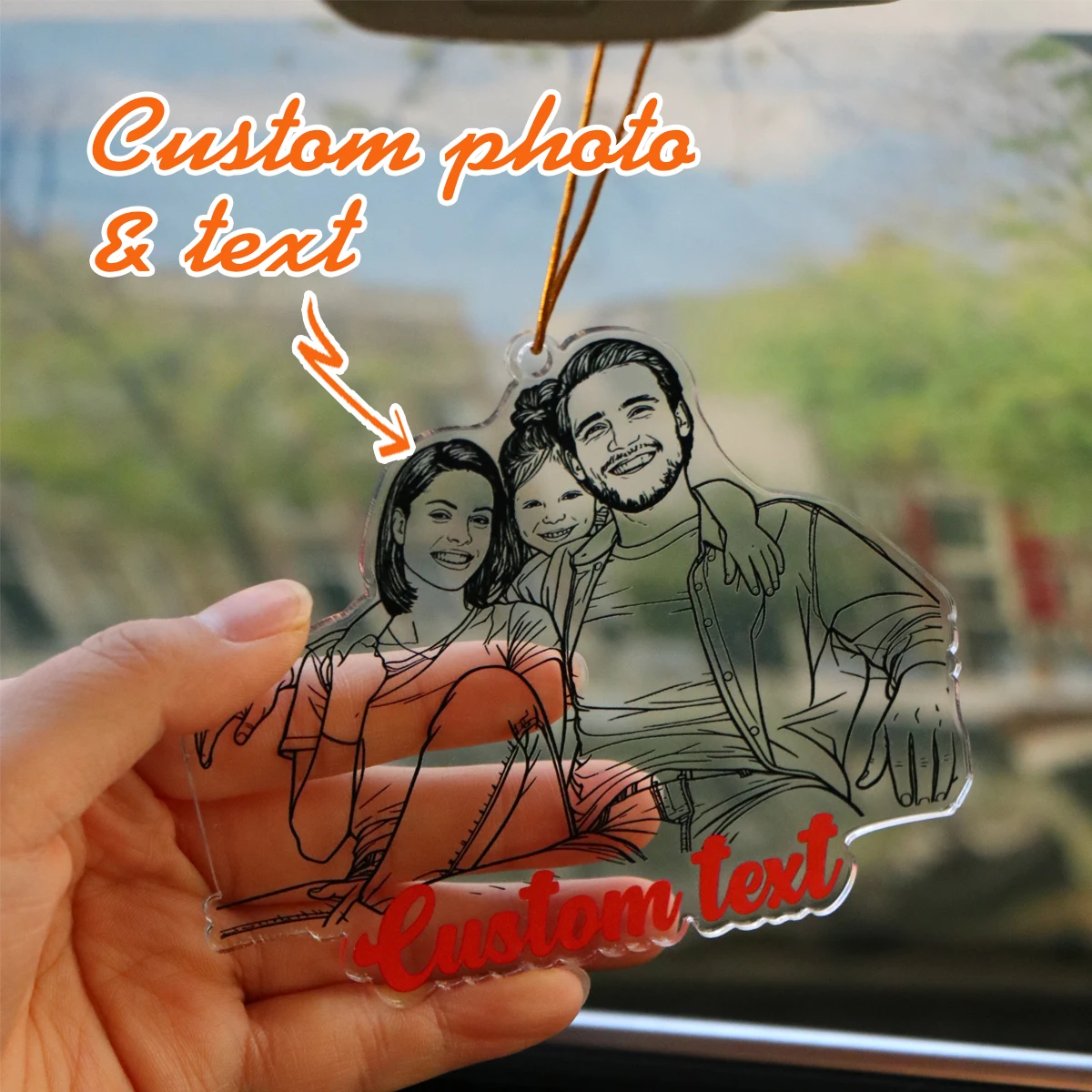 Custom Line Art Acrylic Car Ornament with Custom Text, Personalized Sketch Family Portrait Rearview Mirror Hanging Pendant.