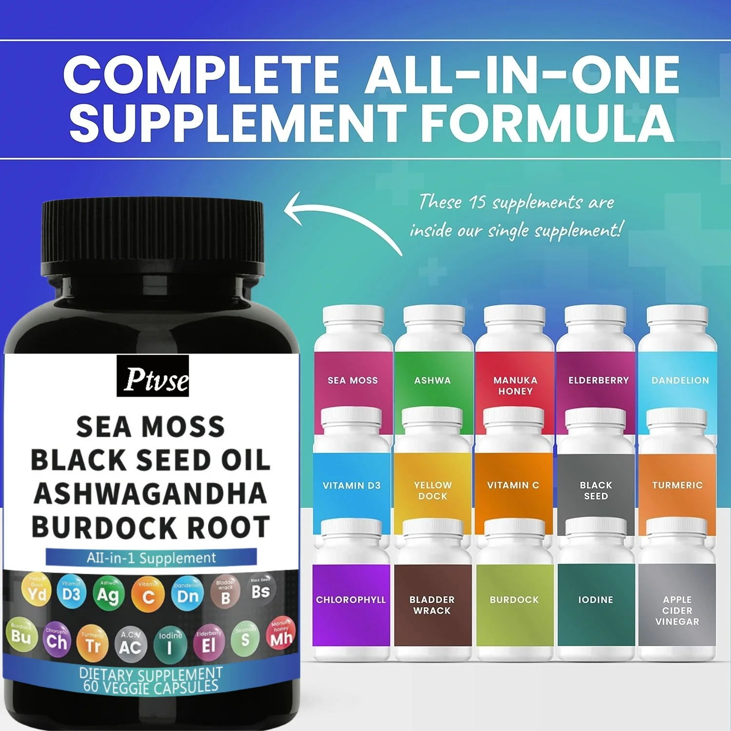 Sea moss 3000mg, black seed oil 2000mg, South African drunken eggplant 1000mg, turmeric 1000mg, blackerback 1000mg, burdock 1000